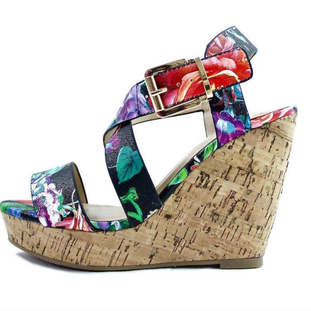 Floral Open Toe Criss Cross Wedge Sandals